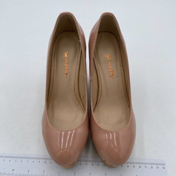 XYD Women Comfort Round Toe Wood Platform Pumps Slip On Patent Wedge Cork - Picture 2 of 7